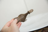 Hand-held view of the vintage bronze bird from above, showing its rustic form.