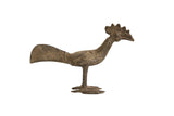 Vintage handmade African bronze bird with a long tail, tall crest, and textured patina.