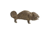 Vintage African bronze chameleon sculpture, featuring textured scales and a time-softened patina.