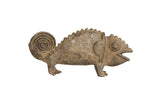 Vintage African bronze chameleon sculpture with a textured patina and curled spiral tail.