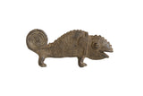 Vintage African bronze chameleon sculpture, textured with dark patina and coiled tail.