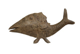 Vintage African bronze fish sculpture showing detailed, incised scales and a weathered, rustic patina.