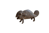 Vintage African bronze chameleon sculpture, handmade with textured scales and coiled tail.