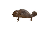 Vintage African handmade bronze chameleon sculpture, featuring textured scales and natural patina.