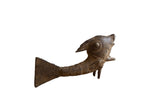 Vintage African bronze standing fish with a dark, aged patina and incised textural details.