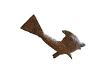 Vintage African bronze standing fish with etched circular patterns and an aged patina.