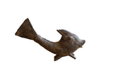 Handmade vintage African bronze standing fish sculpture with dark patina, textured scales.