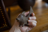 Aged patina and textured surface of a vintage African bronze fish, held in hand.
