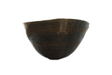 Handmade vintage African wooden bowl, dark aged wood with etched lines, metal repair.