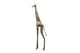 Tall, slender vintage African bronze giraffe sculpture with intricate etched body patterns.