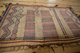 Handwoven Tuareg mat close-up with geometric red, black, natural straw patterns, frayed edge.
