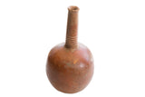 Antique North African red slip ware vase with a rounded body and slender, ridged neck.