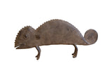 Vintage handmade African chameleon figure with textured brown patina and coiled tail.