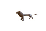 Vintage handmade African lion sculpture with a dark patina, viewed in profile.