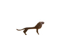 Vintage African lion sculpture with a dark patina and stylized, elongated body shown in profile.