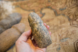 A primitive African stone tool held in hand, showing its mottled and weathered surface.