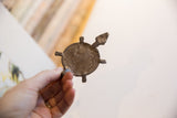 The rustic, textured back of the vintage African turtle pendant held to show scale.