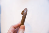 Close view of the antique bronze snake cuff's ribbed, segmented body.