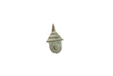 Vintage African bronze hut pendant with a textured roof and spiral design.