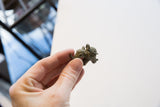 A hand holding the small African bronze elephant pendant to show its scale and patina.