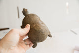 Hand holding the vintage tortoise sculpture to show its scale and carved shell.