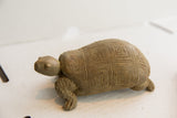 Angled view of a vintage tortoise sculpture with a hand-carved geometric shell pattern.