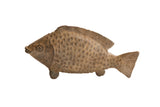 Vintage handmade African fish sculpture with carved scales and a rustic, earthy brown finish.