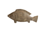 Vintage handmade African fish sculpture with textured scales and earthy brown patina, 6 inches long.