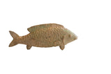 Vintage African fish sculpture with a carved scale texture and a weathered earthy-green patina.