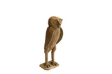 Vintage handmade African owl sculpture with earthy brown and green aged patina, 9 inches tall.