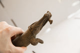 Vintage carved crocodile sculpture seen from below, highlighting the fish in its mouth.