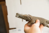 Angled view of a vintage crocodile sculpture highlighting its carved head and textured back.