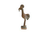 Vintage handmade African rooster sculpture, worm in beak, aged bronze patina, 9 inches tall.