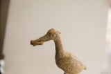 Textured head and circular eye detail of a vintage African bird sculpture holding a fish.