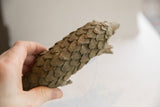 Hand holding the vintage African pangolin sculpture, showcasing its size and textured, scale-like surface.