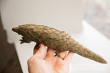 Vintage pangolin sculpture held in hand, showing the full length and scaly texture.