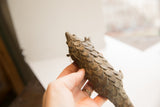The rustic, hand-carved texture of overlapping scales on the pangolin sculpture.