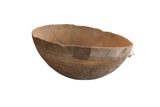 Antique African hand carved wooden bowl with incised lines, cracks, and historic repairs.