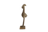 Vintage African bird casting with a long neck, crested head, and textured bronze patina.