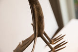 Detailed view of the aged patina on the back and wing of the African bird casting.