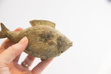 Textured head of vintage African fish casting, revealing unique markings and green patina.