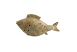 Vintage handmade African fish casting with etched patterns and a weathered green patina.