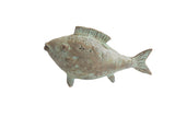 Handmade vintage African fish casting, textured with green patina and spiral patterns.