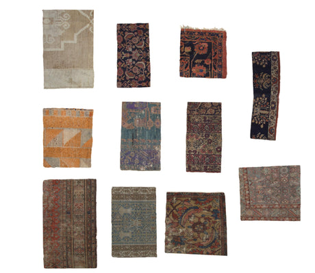 Eleven vintage and antique hand-knotted rug fragments showcasing diverse colors, patterns, and weaving styles.