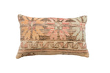 Hand-knotted vintage rug pillow, tribal geometric patterns, faded orange, pink, beige, 20x12.