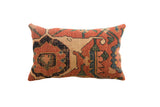 Antique Bijar Rug Fragment Pillow showcasing terracotta, navy, and gold geometric patterns. 20x12.