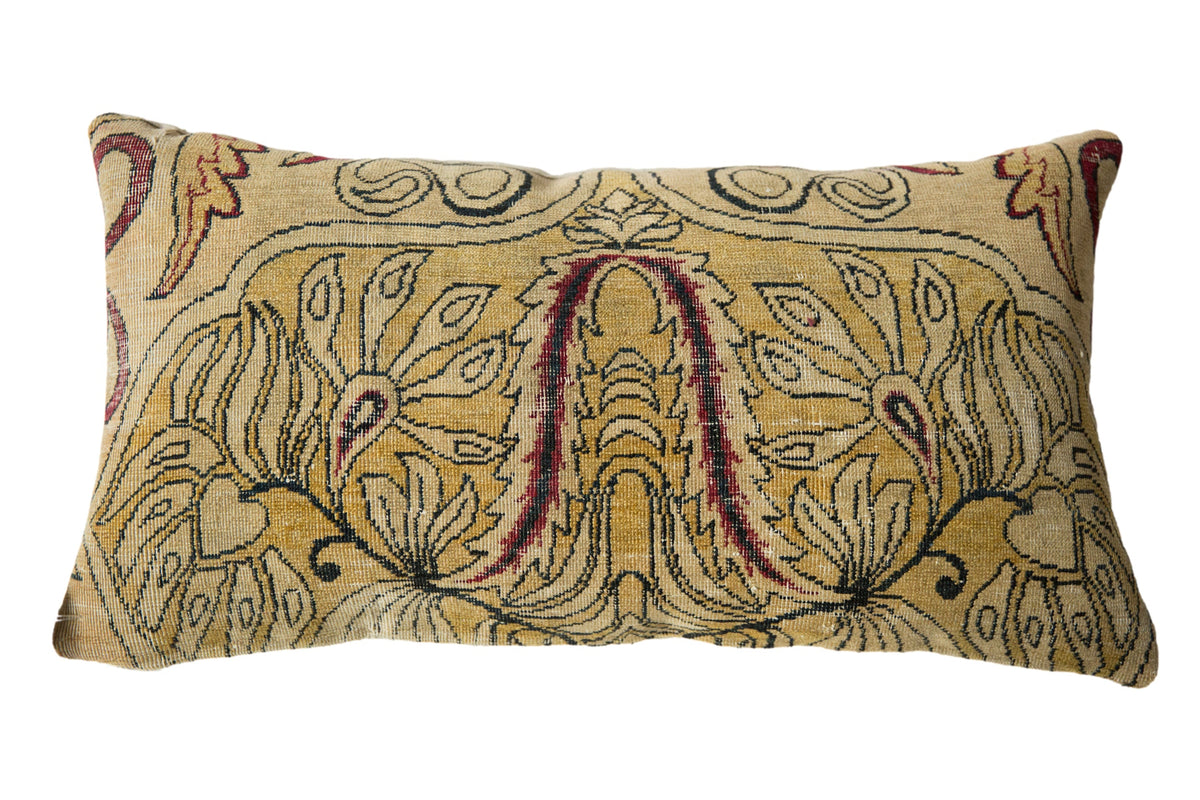 Antique Kerman rug fragment pillow, circa 1915, saffron yellow and red art nouveau pattern.