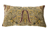 Antique Kerman rug fragment pillow, circa 1915, saffron yellow and red art nouveau pattern.