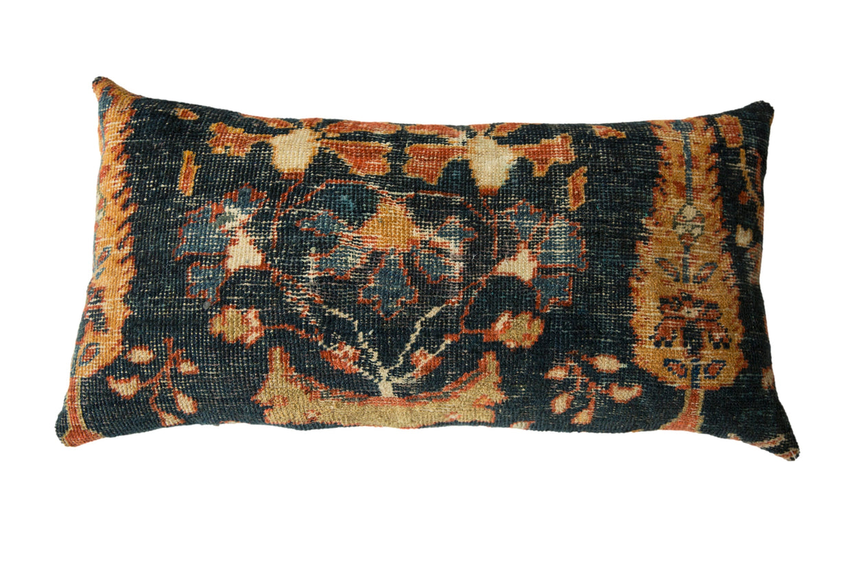 Antique Ziegler Mahal rug pillow with cypress trees and florals in deep navy blue and rich terracotta.