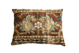 Antique Ziegler Mahal rug fragment pillow, palmette, pawn motif, chestnut, powder blue, jade green.